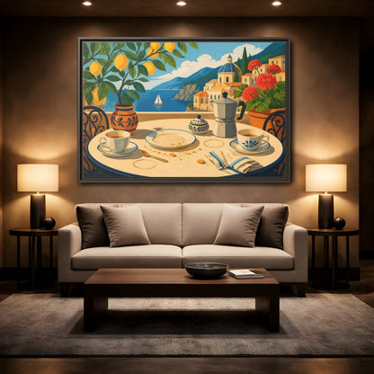 Mockup 2. Sunny Coastal Breakfast shown as framed canvas print