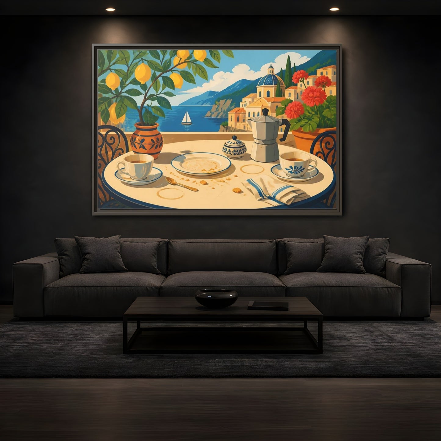 Mockup 3. Sunny Coastal Breakfast shown as framed canvas print