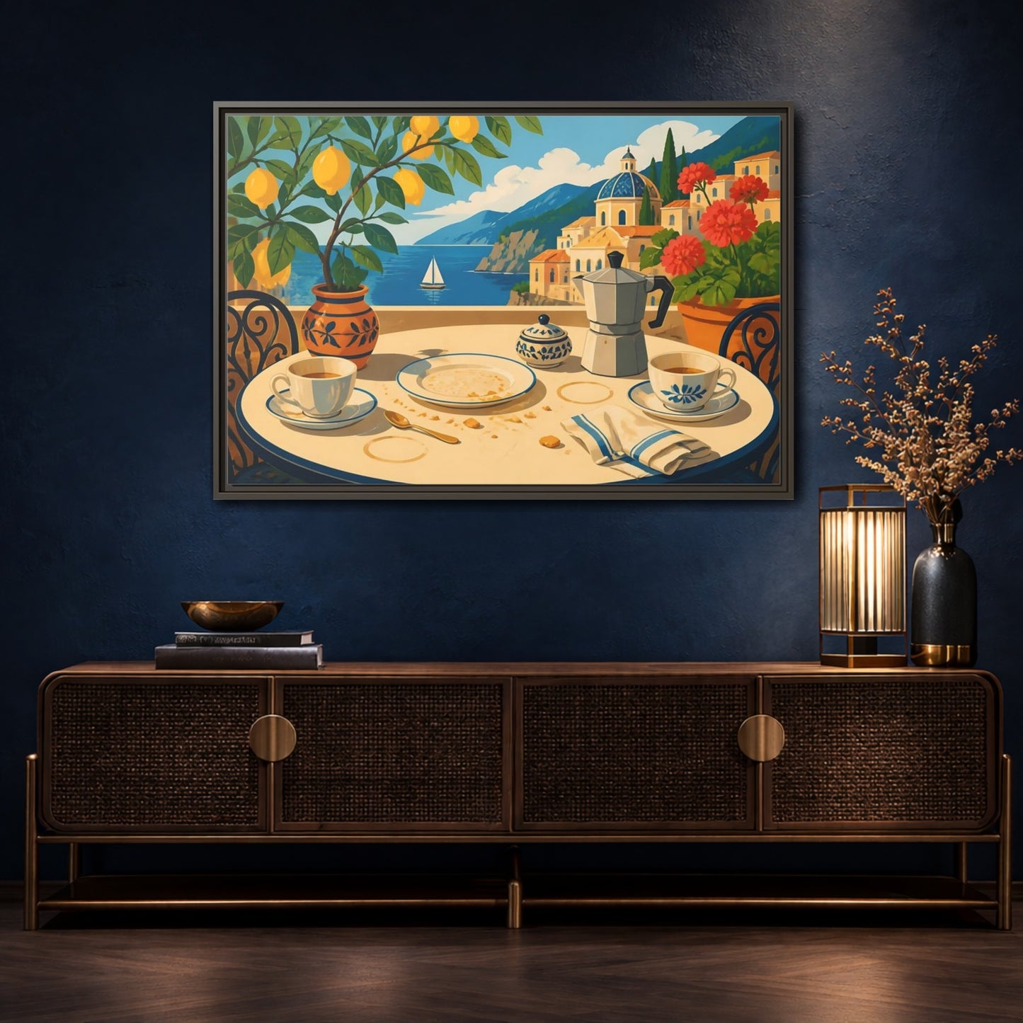 Mockup 4. Sunny Coastal Breakfast shown as framed canvas print