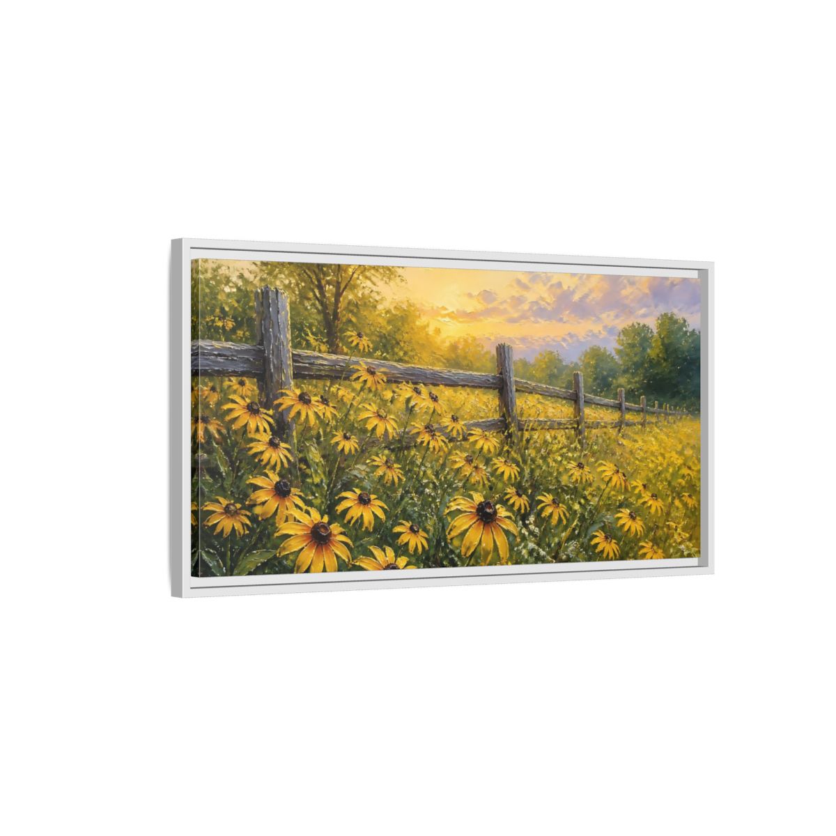 Side Mockup 1. Sunny Field Of Black-Eyed Susans shown as framed canvas print