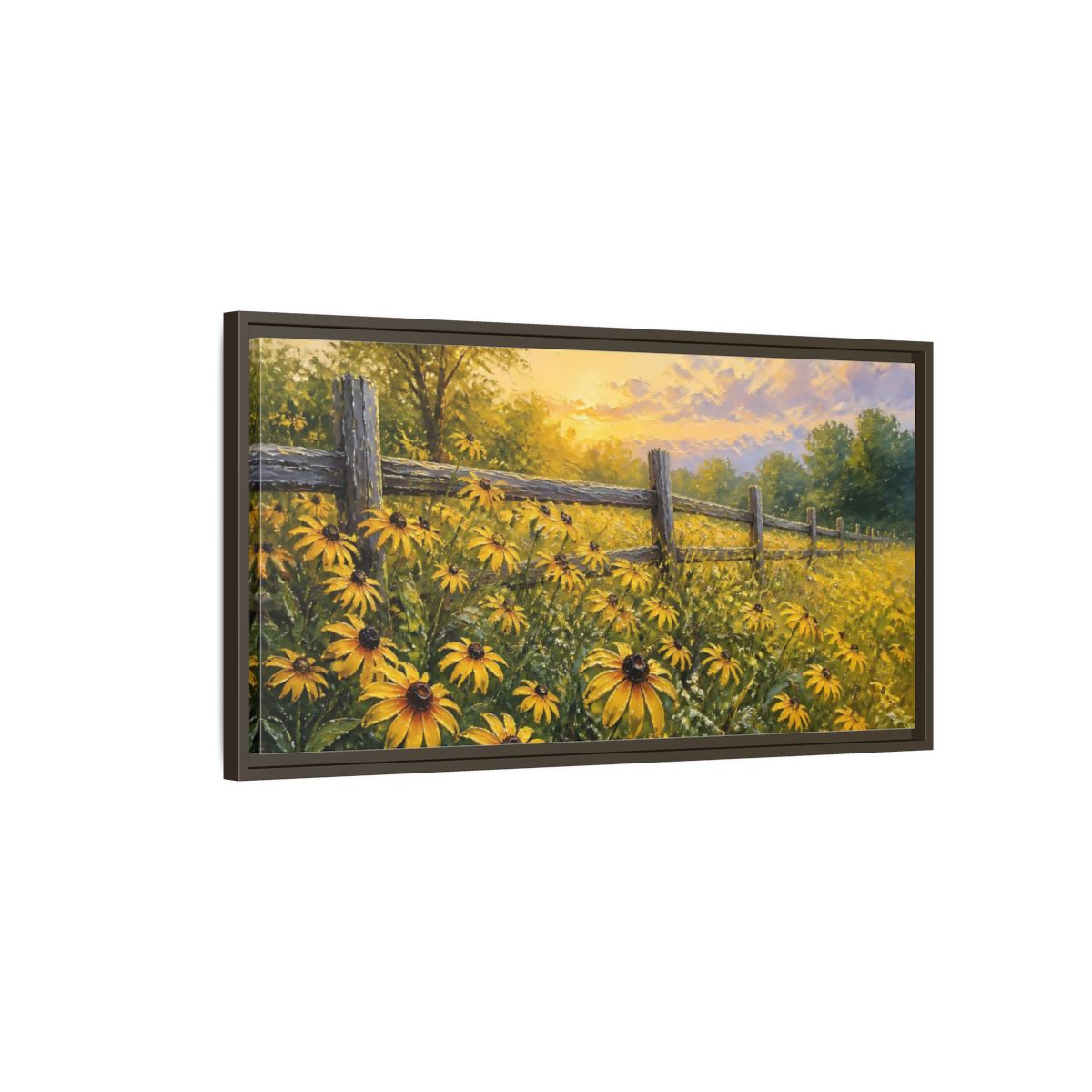 Main Mockup. Sunny Field Of Black-Eyed Susans shown as framed canvas print