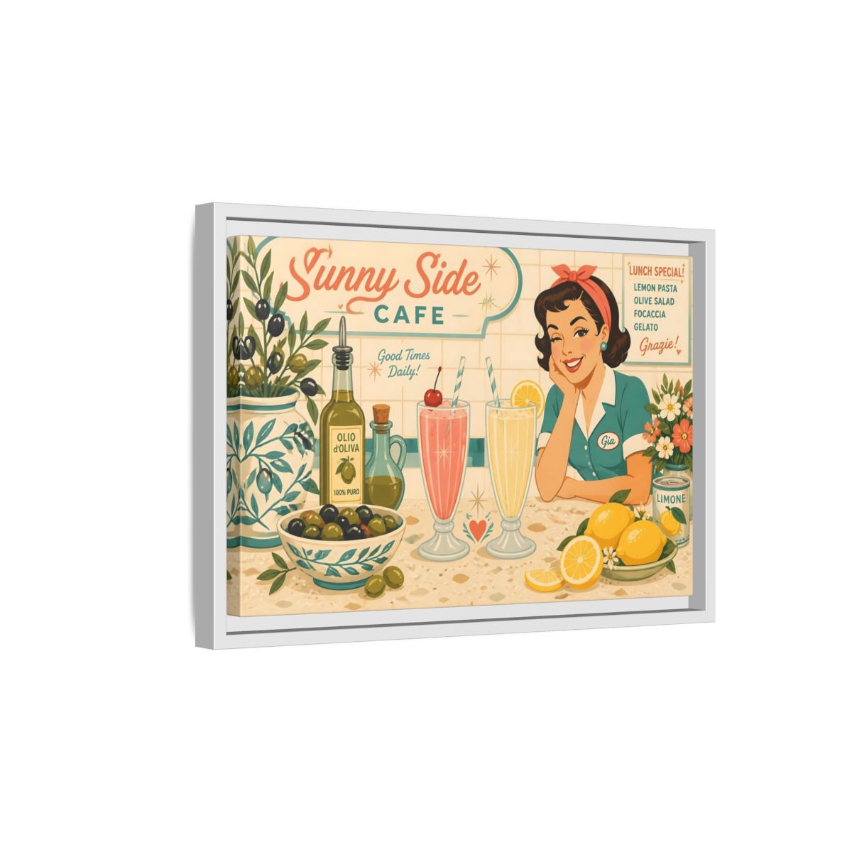 Side Mockup 4. Sunny Side Cafe Waitress shown as framed canvas print