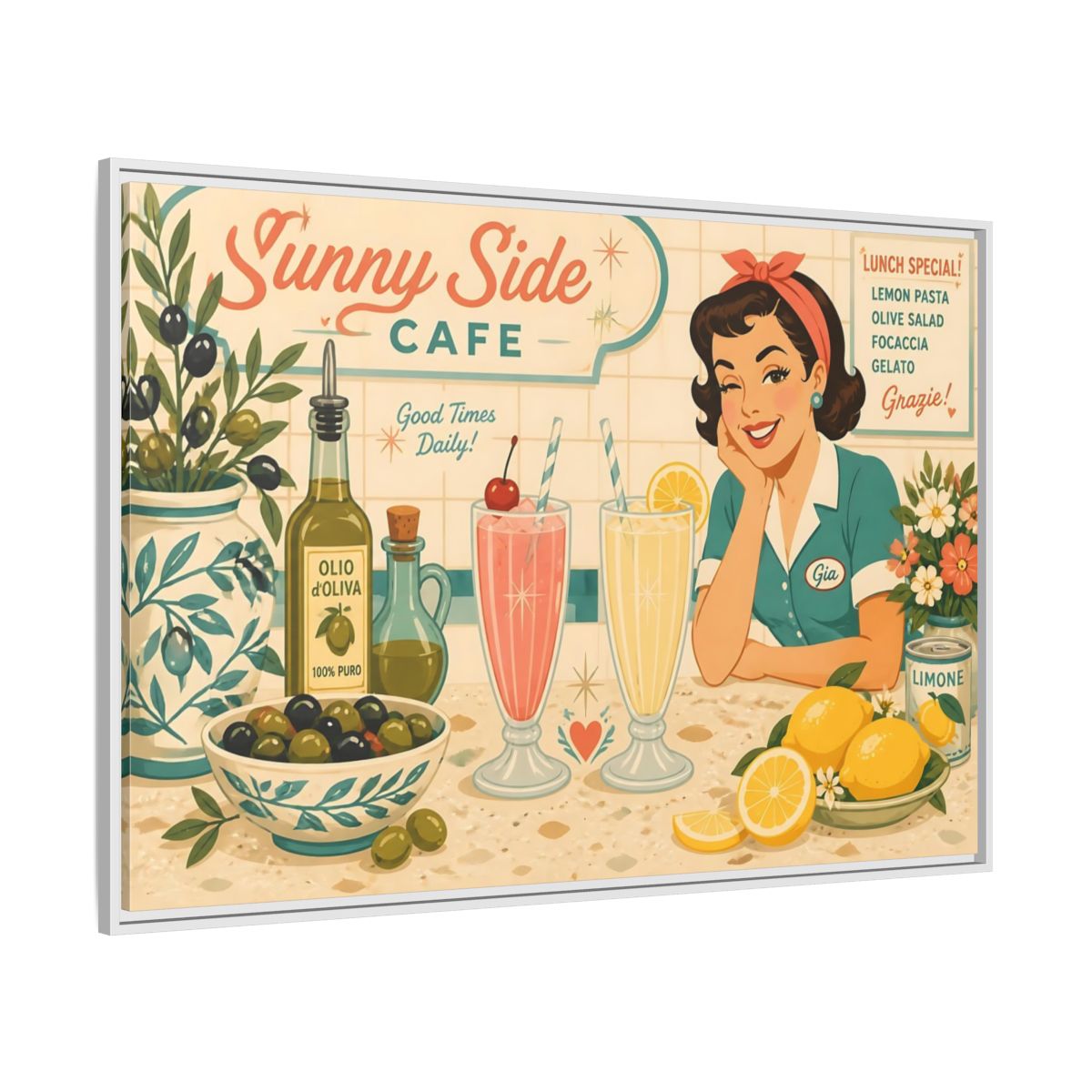 Side Mockup 7. Sunny Side Cafe Waitress shown as framed canvas print