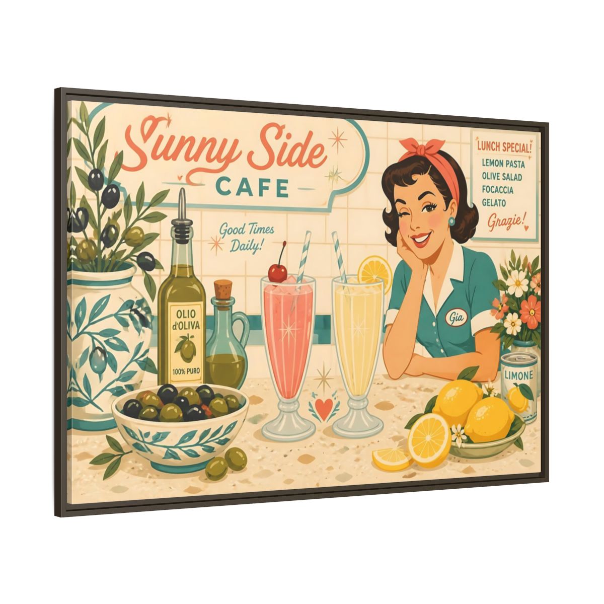 Side Mockup 8. Sunny Side Cafe Waitress shown as framed canvas print