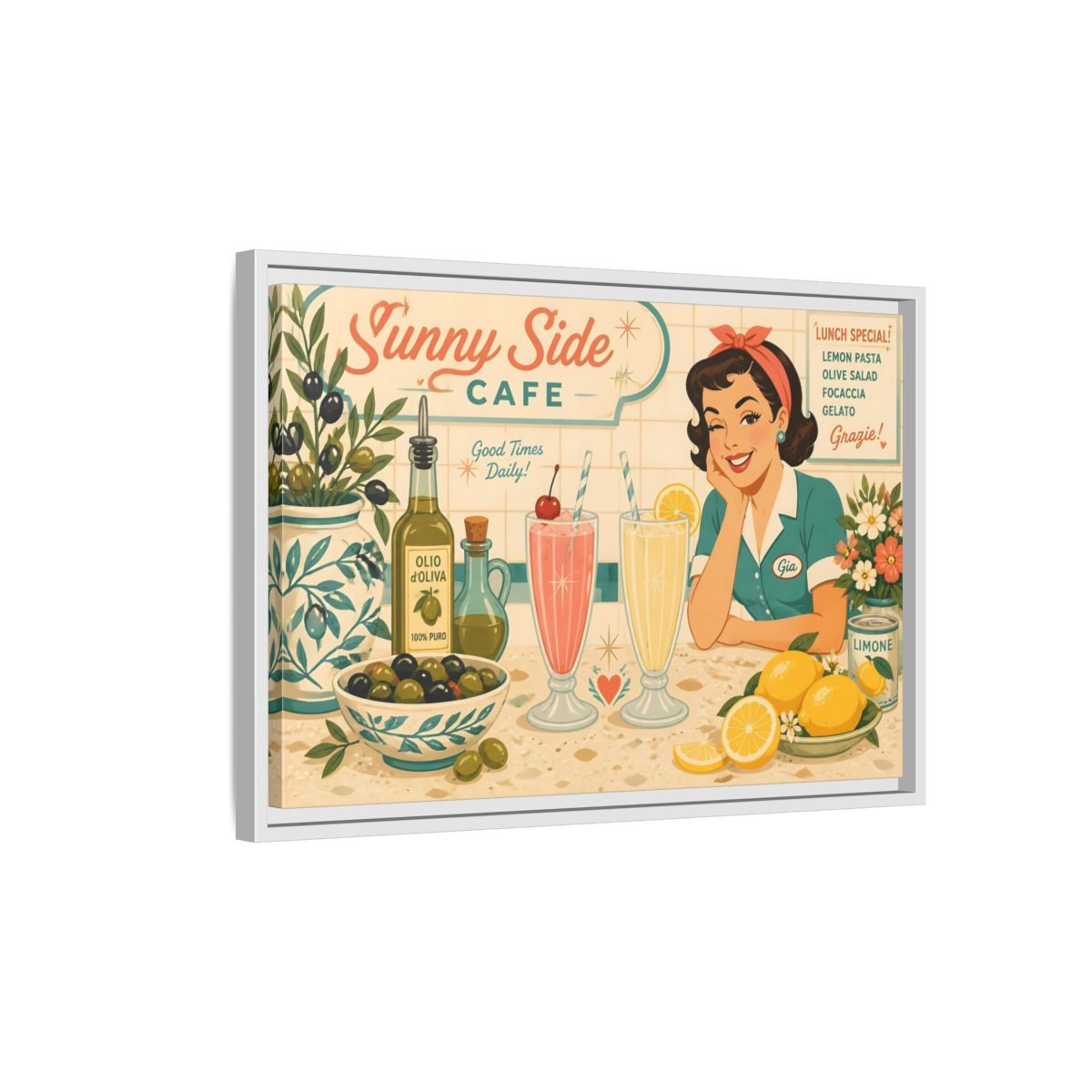 Side Mockup 1. Sunny Side Cafe Waitress shown as framed canvas print