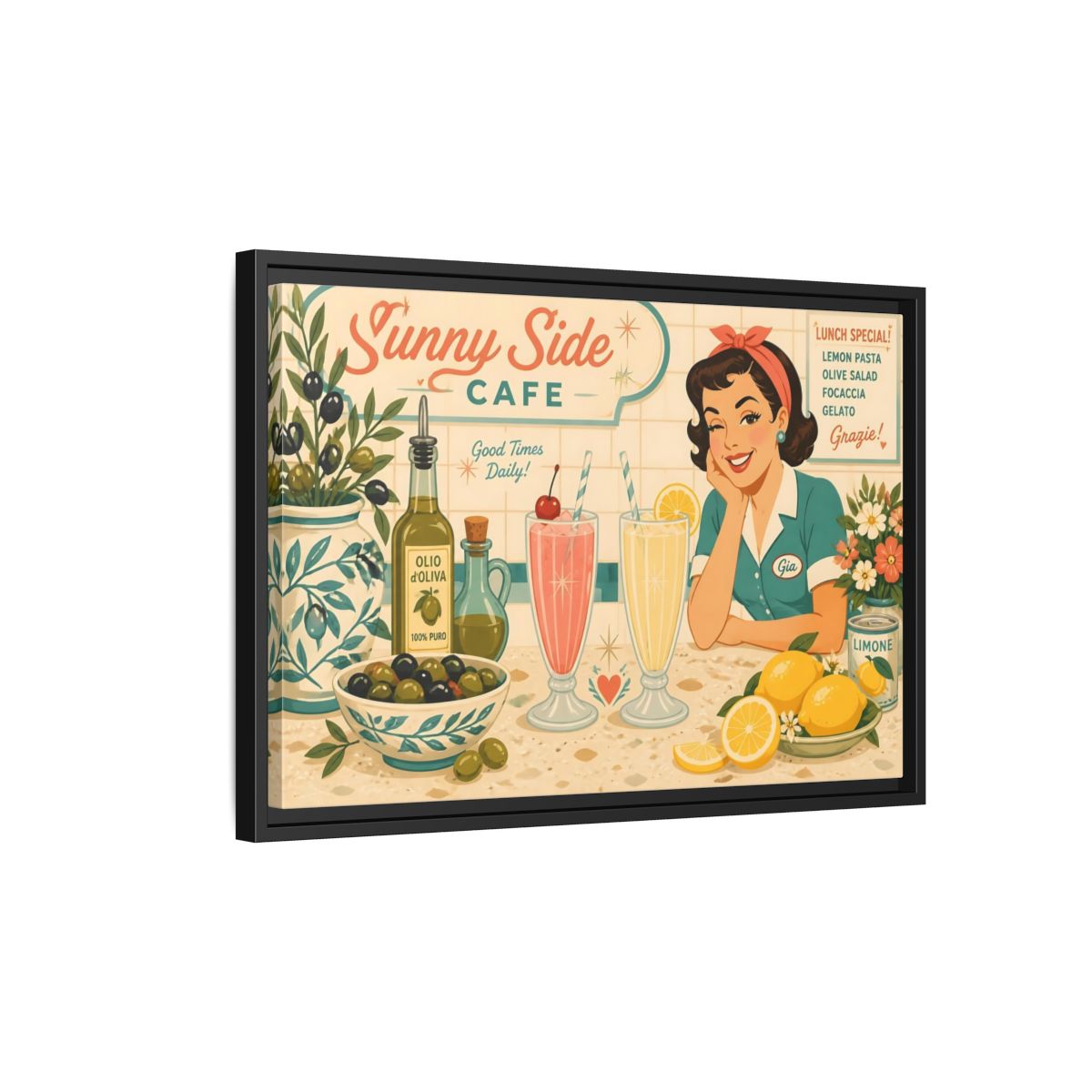 Side Mockup 3. Sunny Side Cafe Waitress shown as framed canvas print