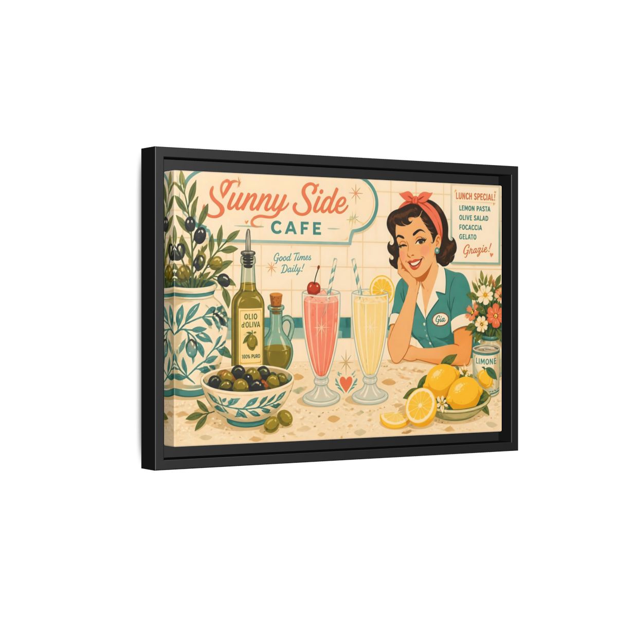 Side Mockup 6. Sunny Side Cafe Waitress shown as framed canvas print