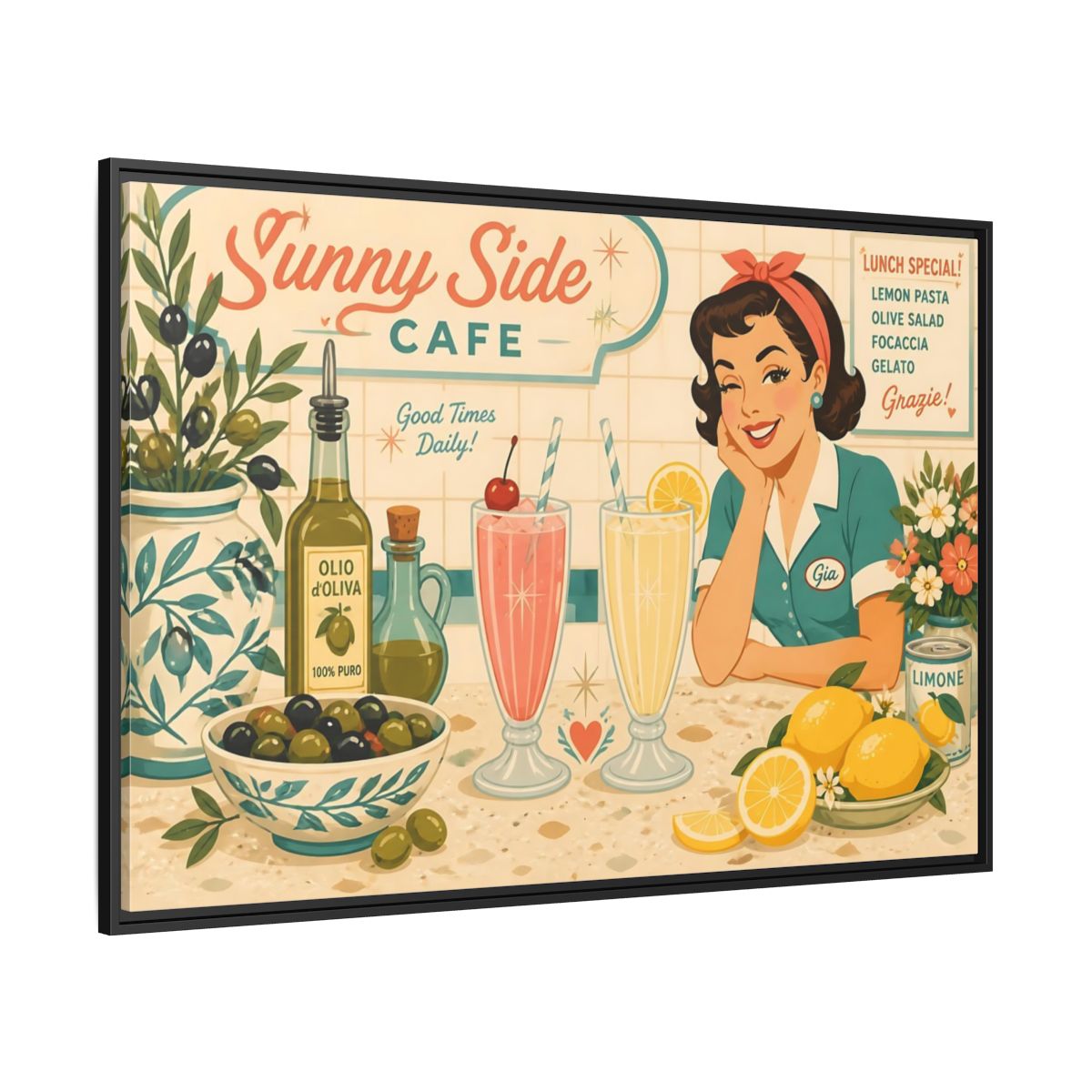 Side Mockup 12. Sunny Side Cafe Waitress shown as framed canvas print