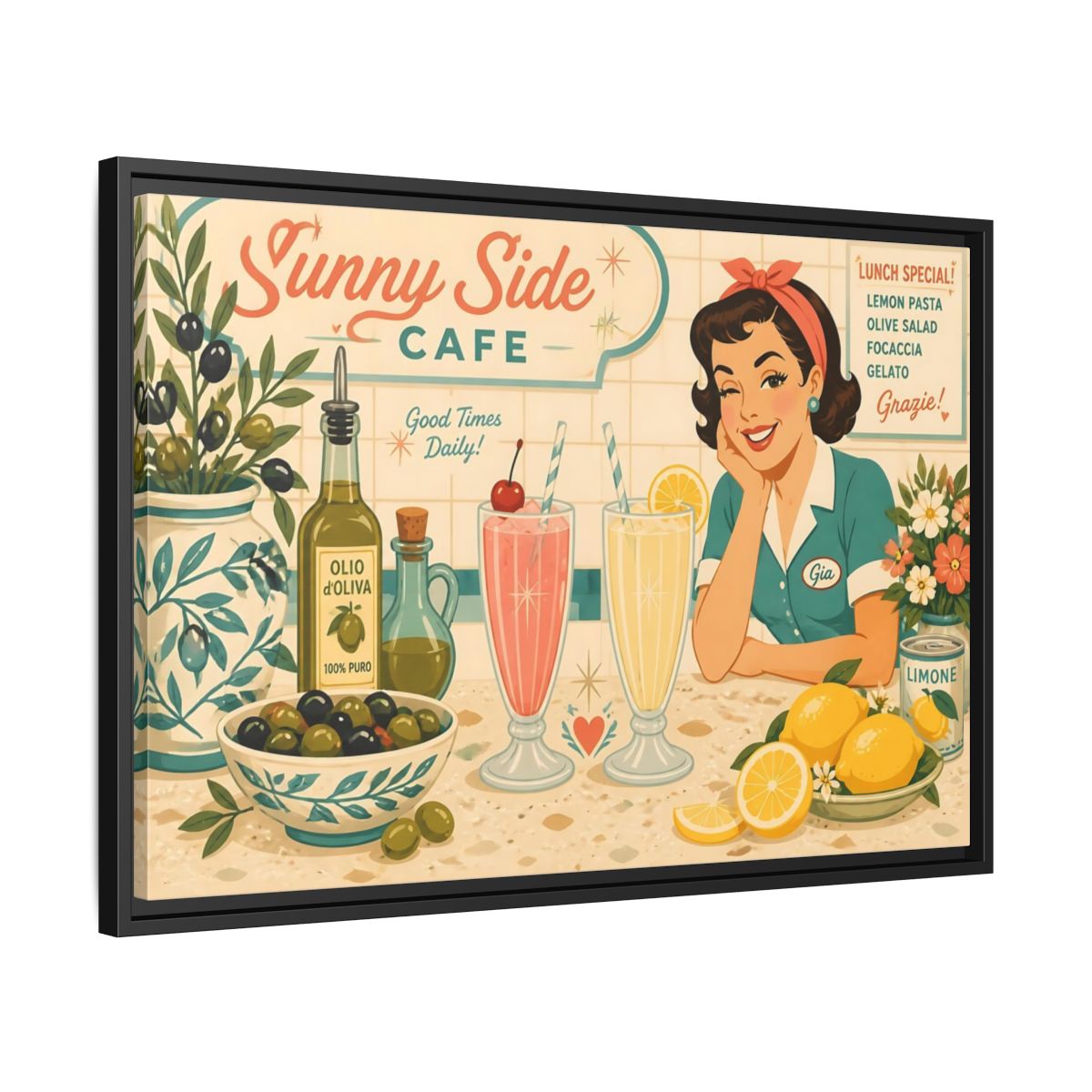 Side Mockup 14. Sunny Side Cafe Waitress shown as framed canvas print