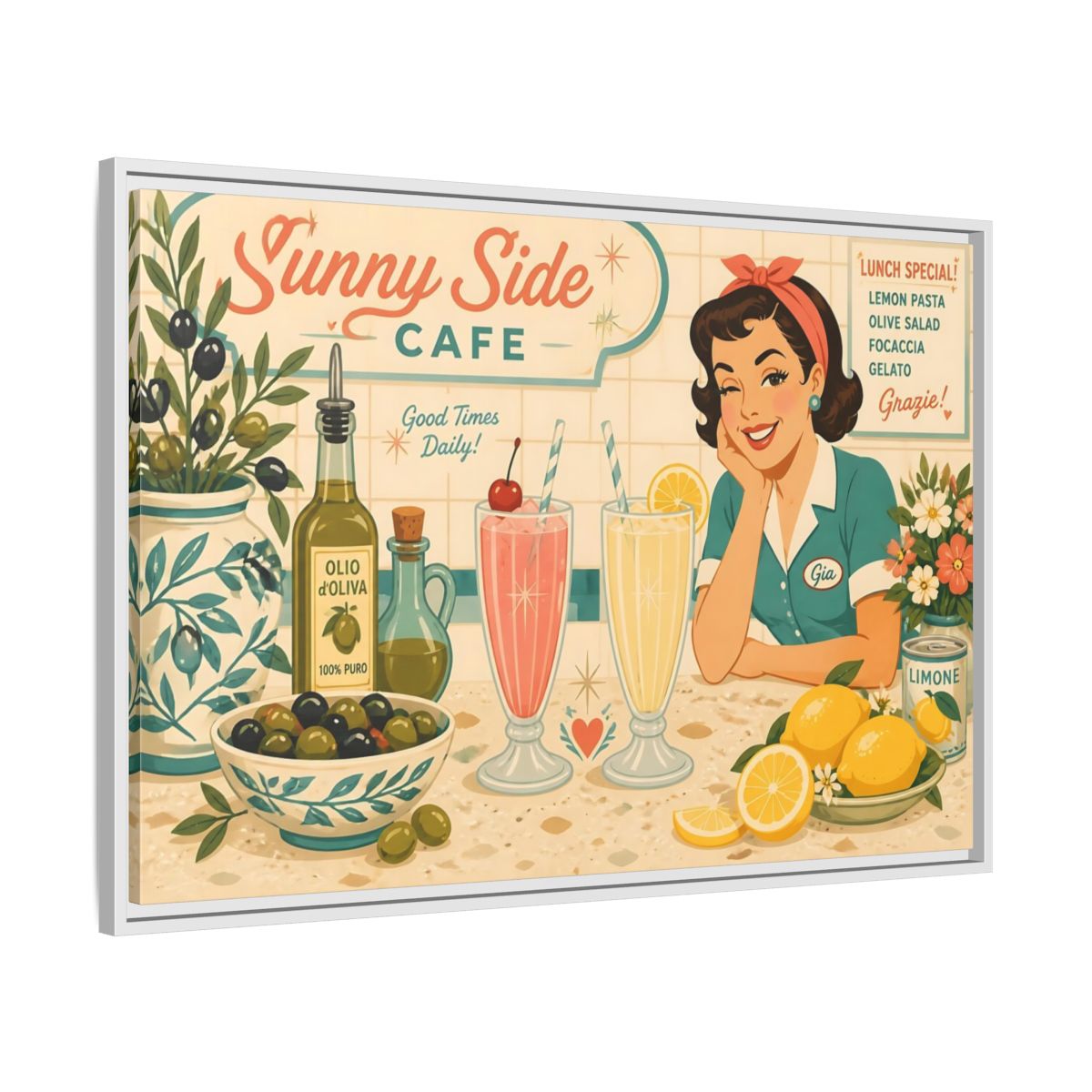 Side Mockup 9. Sunny Side Cafe Waitress shown as framed canvas print