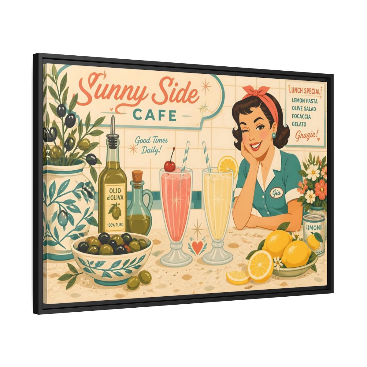 Side Mockup 13. Sunny Side Cafe Waitress shown as framed canvas print