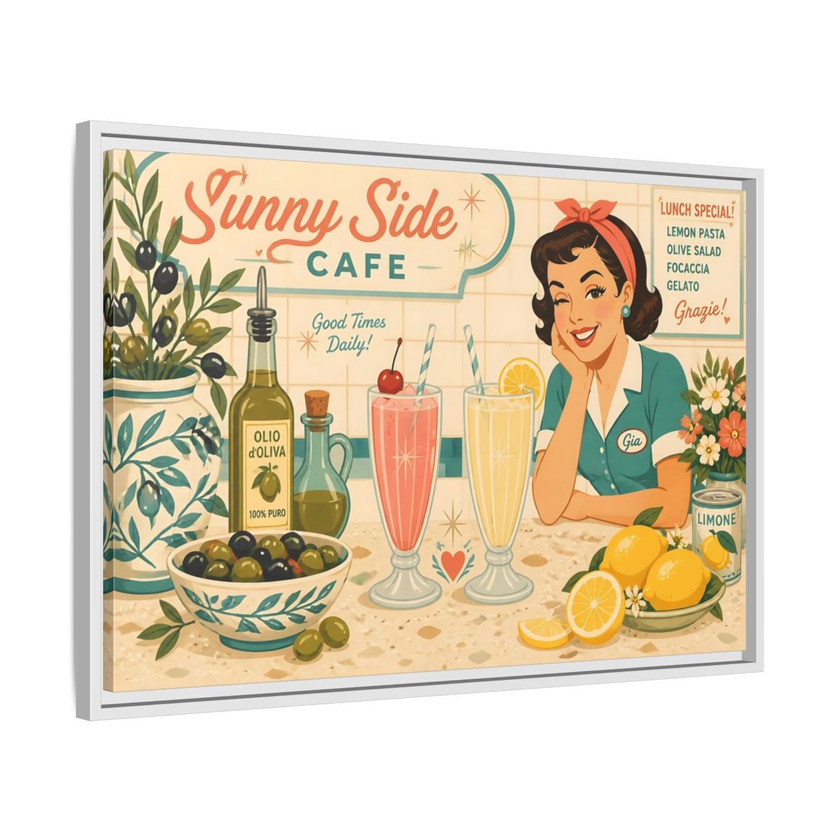 Side Mockup 10. Sunny Side Cafe Waitress shown as framed canvas print
