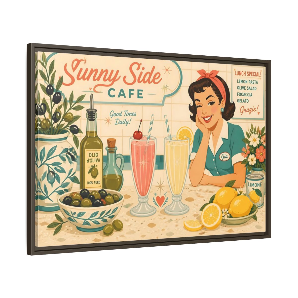 Main Mockup. Sunny Side Cafe Waitress shown as framed canvas print