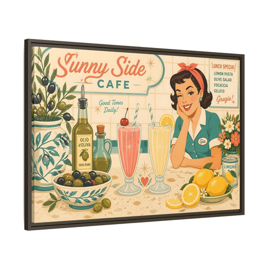 Main Mockup. Sunny Side Cafe Waitress shown as framed canvas print