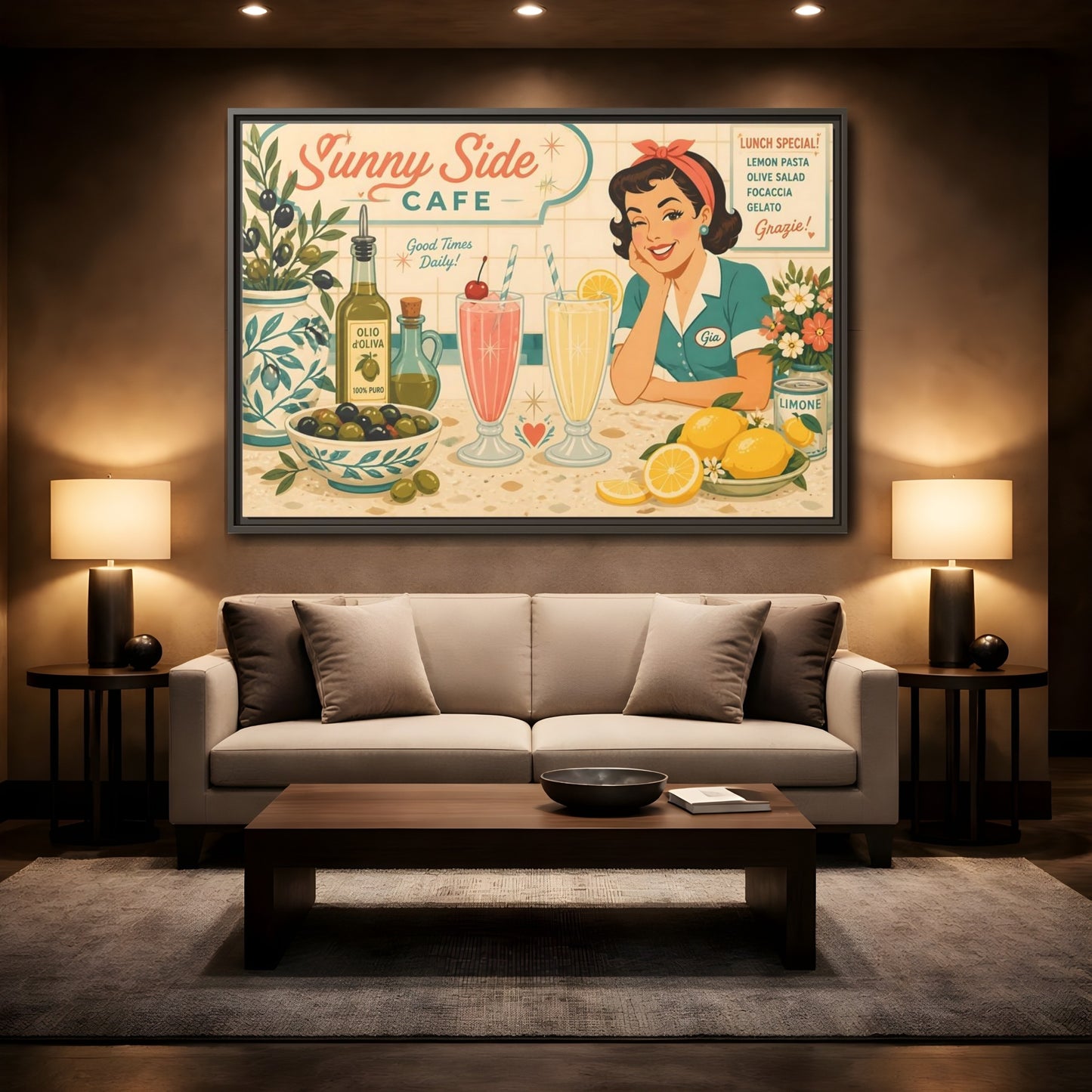 Mockup 2. Sunny Side Cafe Waitress shown as framed canvas print
