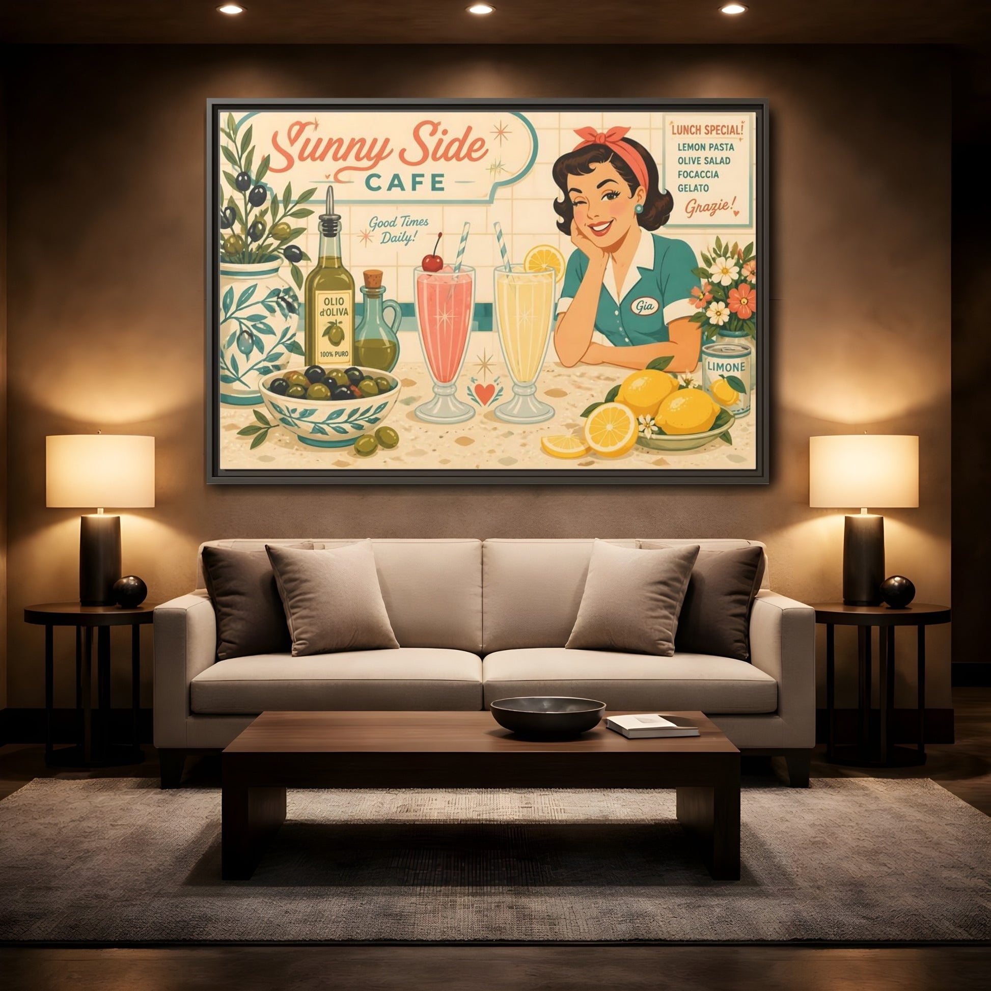 Mockup 2. Sunny Side Cafe Waitress shown as framed canvas print