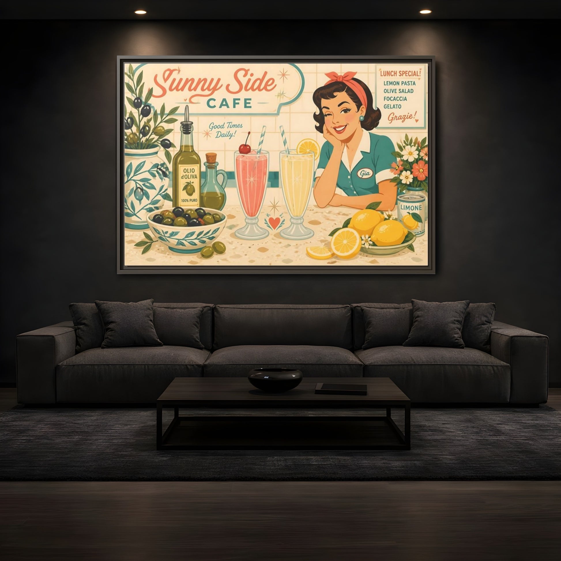 Mockup 3. Sunny Side Cafe Waitress shown as framed canvas print