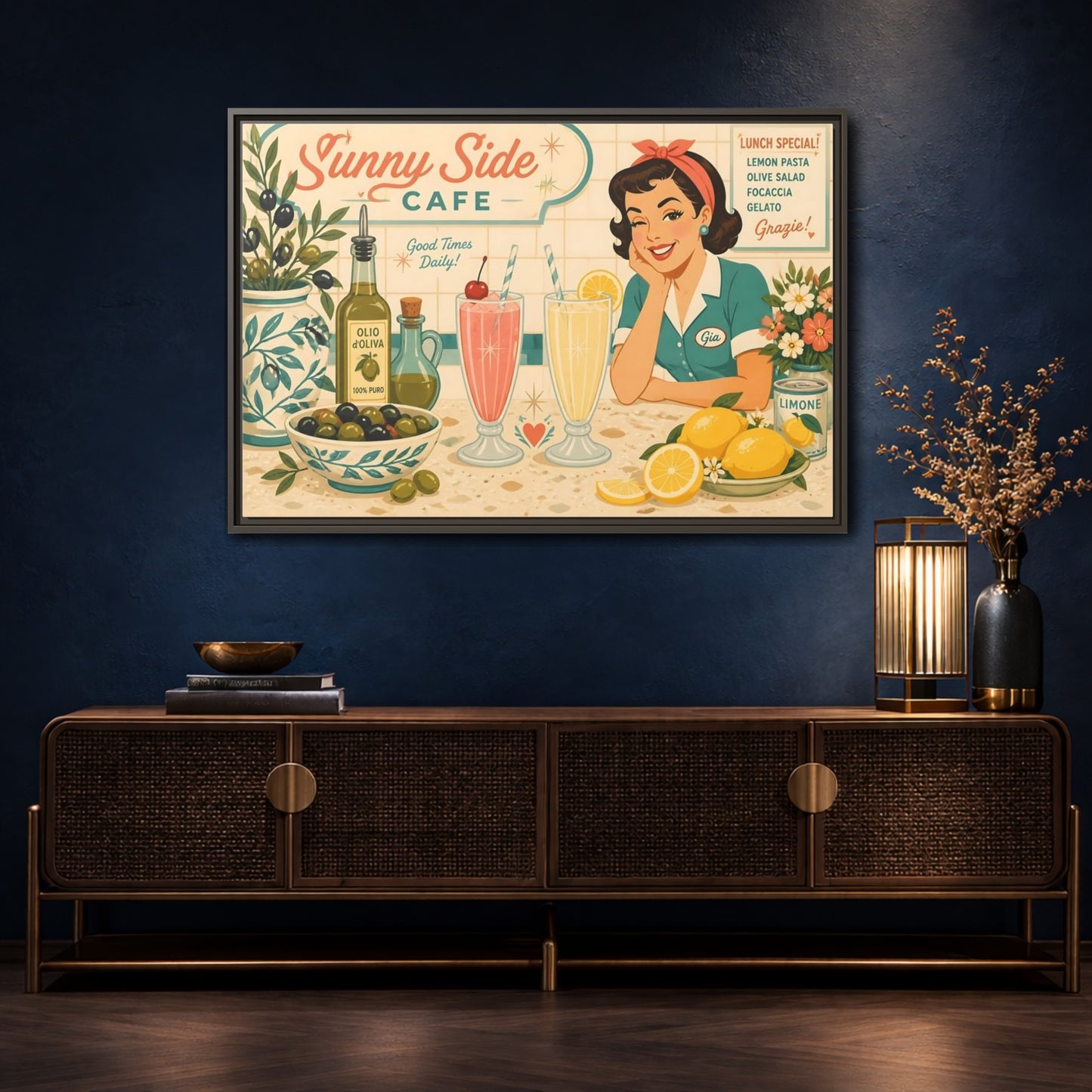 Mockup 4. Sunny Side Cafe Waitress shown as framed canvas print
