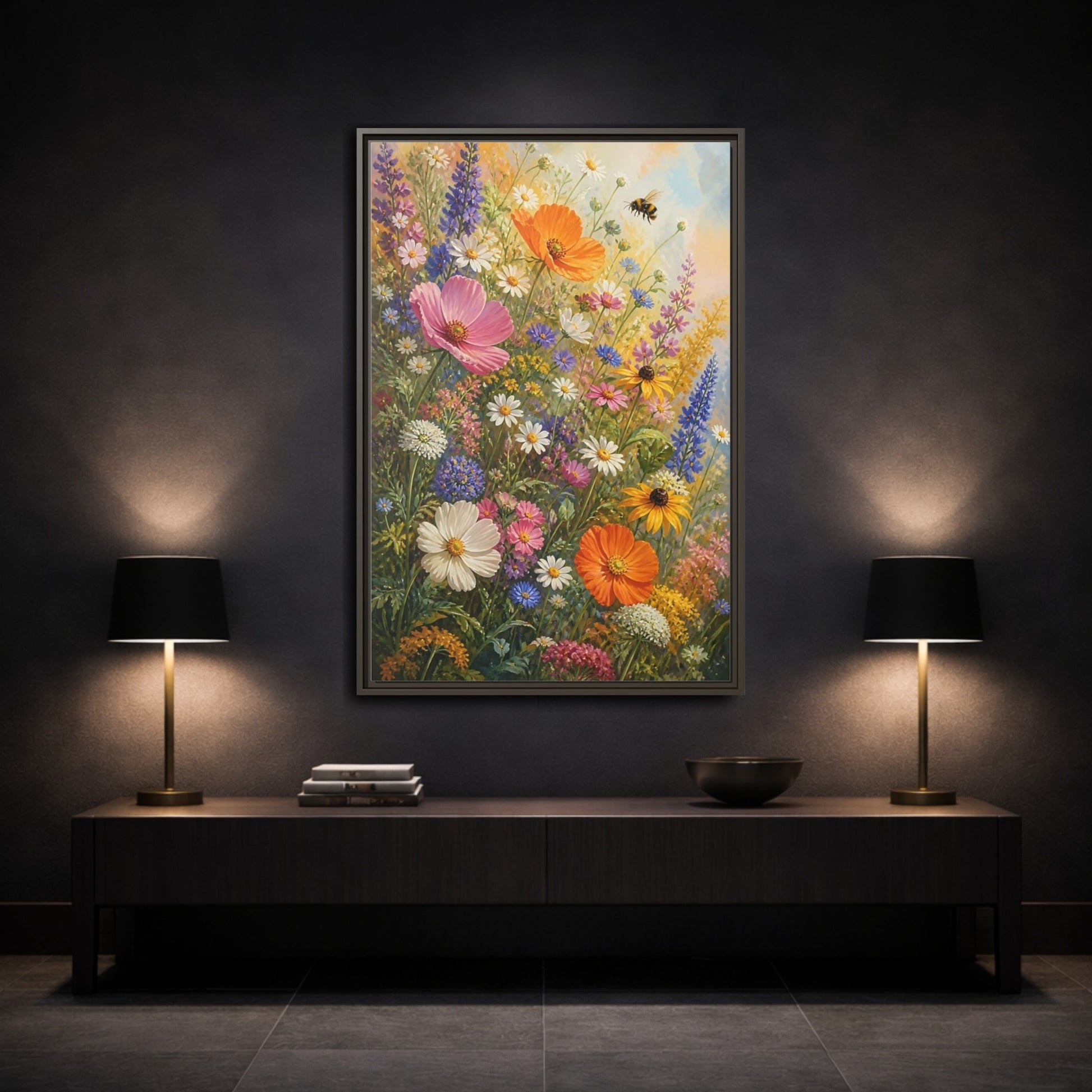 Mockup 3. Sunny Wildflower Meadow shown as framed canvas print