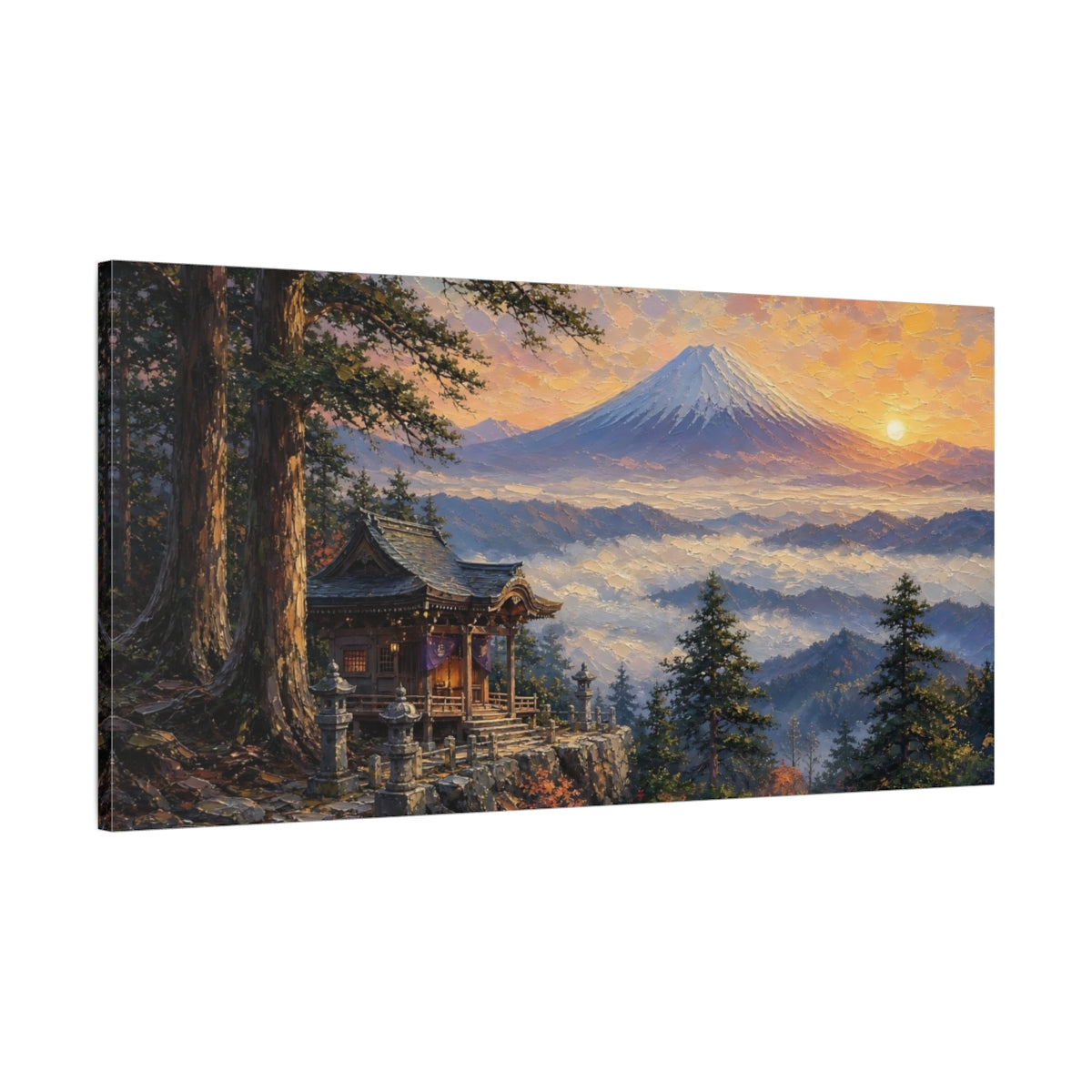 Main Mockup. Sunrise At Mountain Shrine shown as canvas print