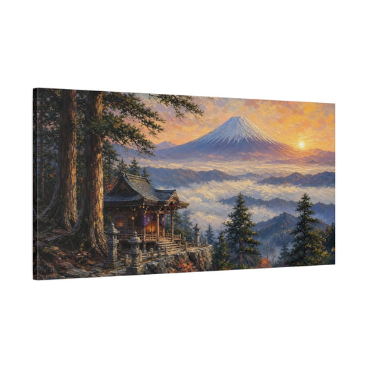 Main Mockup. Sunrise At Mountain Shrine shown as canvas print