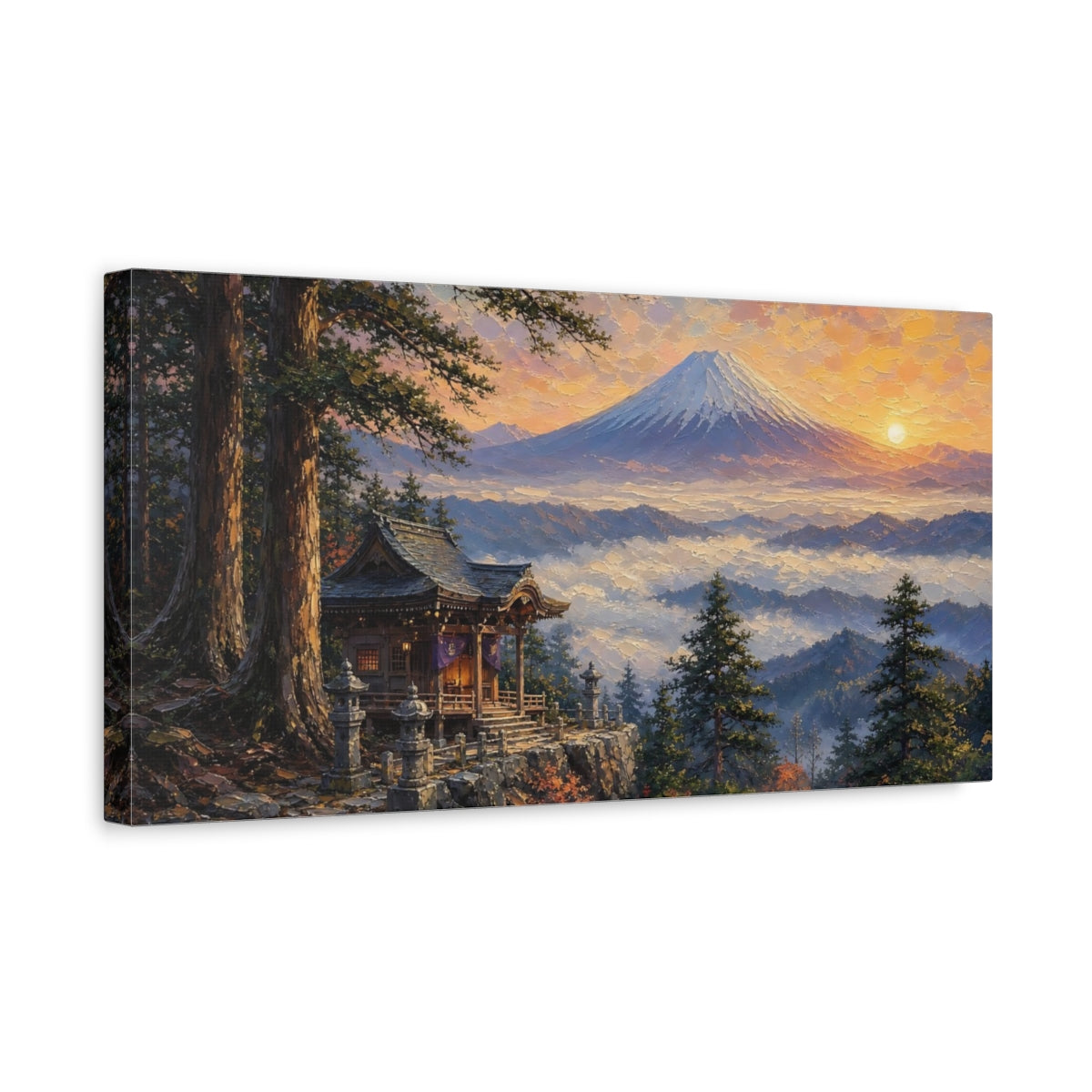 Side Mockup 3. Sunrise At Mountain Shrine shown as canvas print