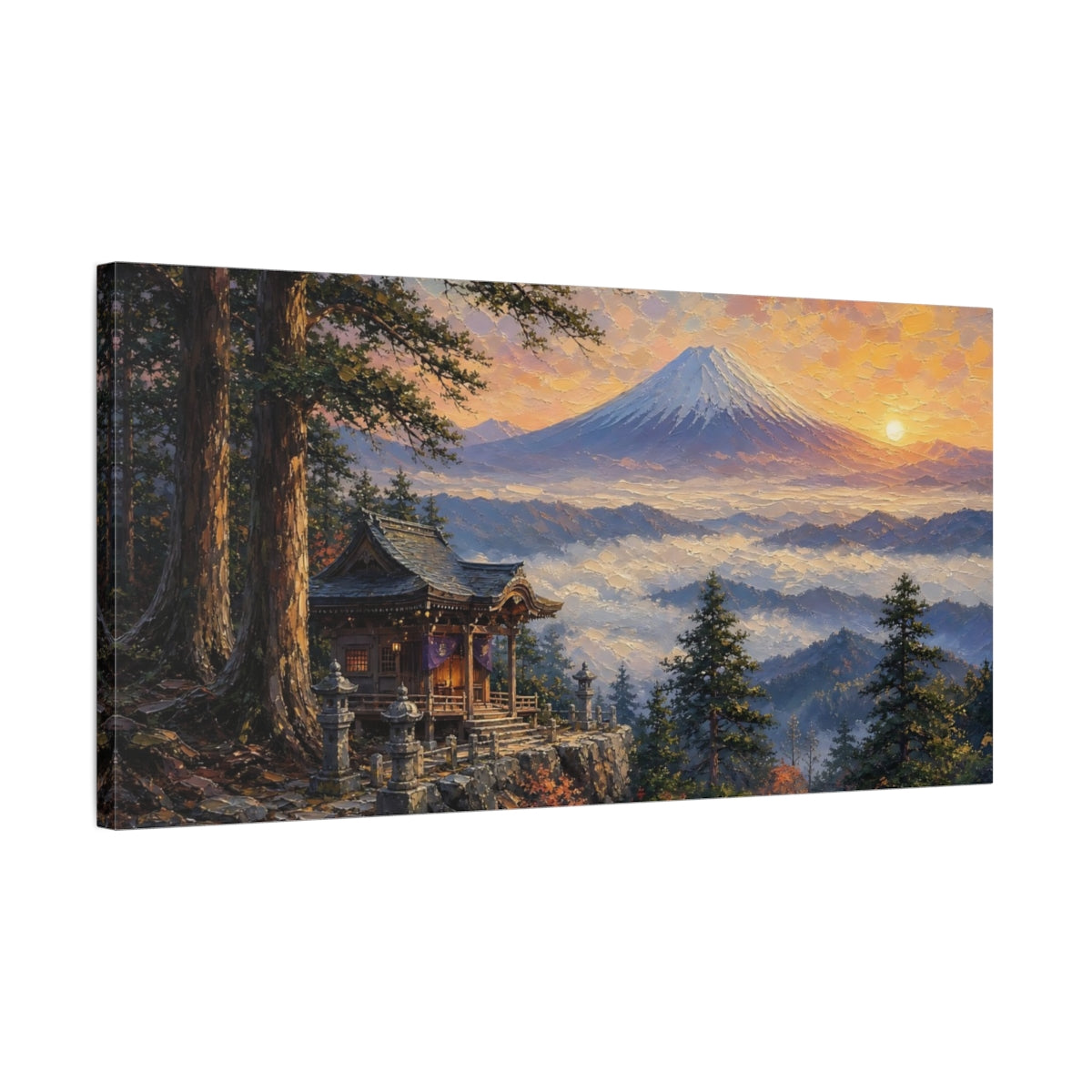 Side Mockup 1. Sunrise At Mountain Shrine shown as canvas print