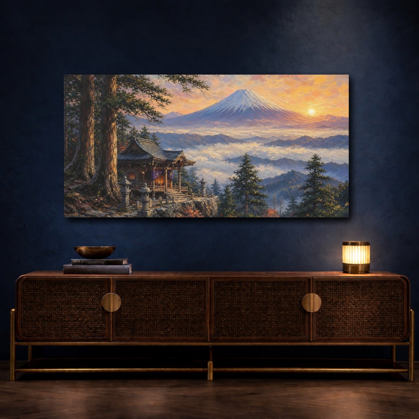 Mockup 4. Sunrise At Mountain Shrine shown as canvas print