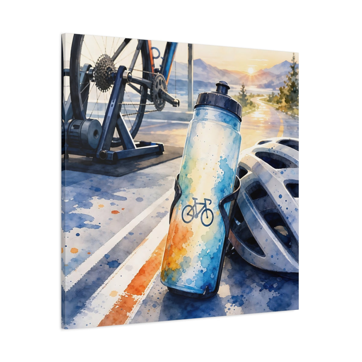 Side Mockup 1. Sunrise Cycling Scene shown as canvas print