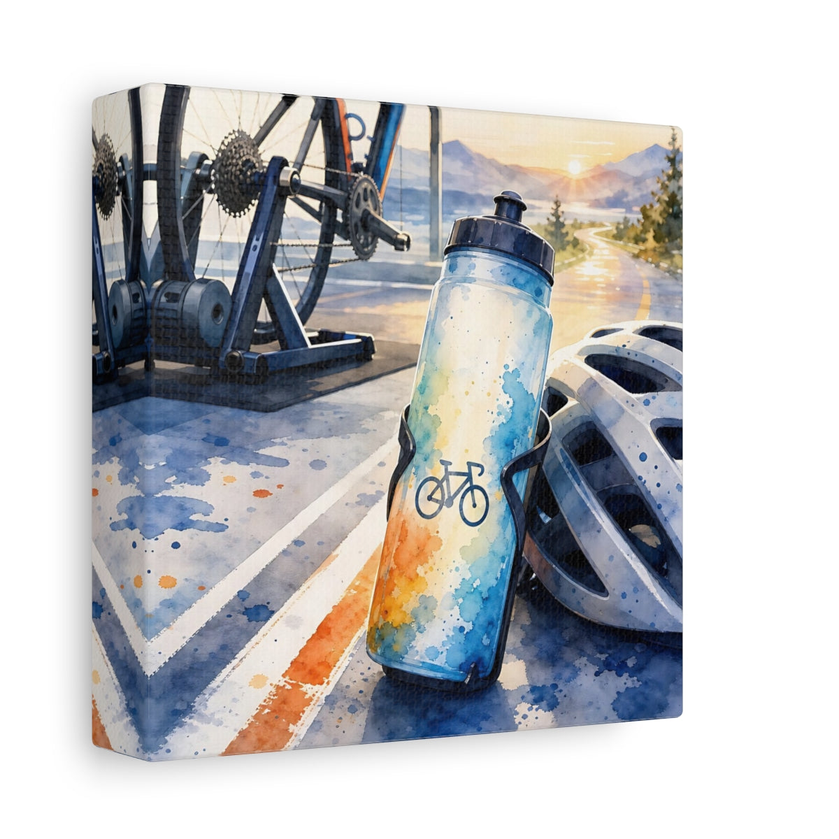 Side Mockup 2. Sunrise Cycling Scene shown as canvas print