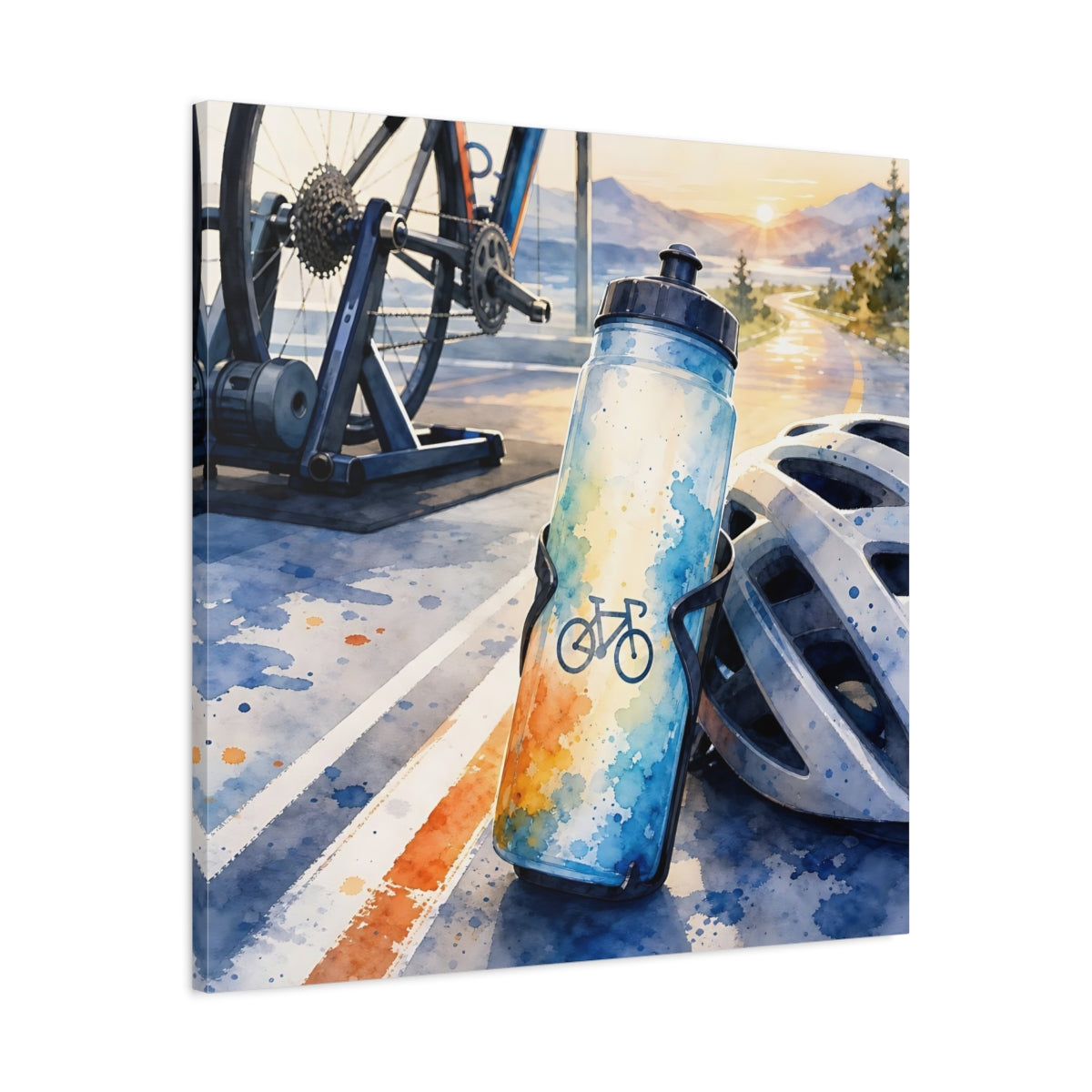 Side Mockup 3. Sunrise Cycling Scene shown as canvas print