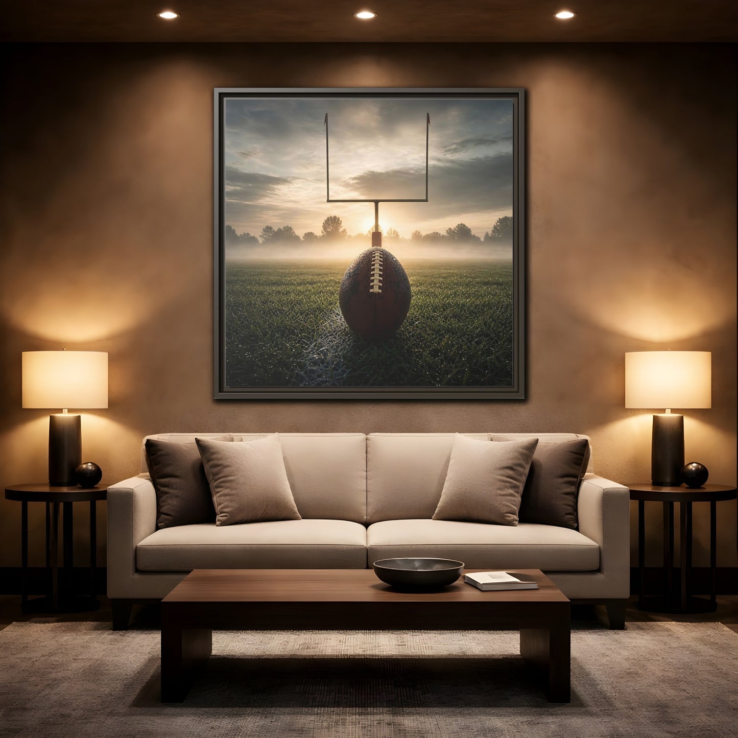 Mockup 2. Sunrise Football Kickoff shown as framed canvas print