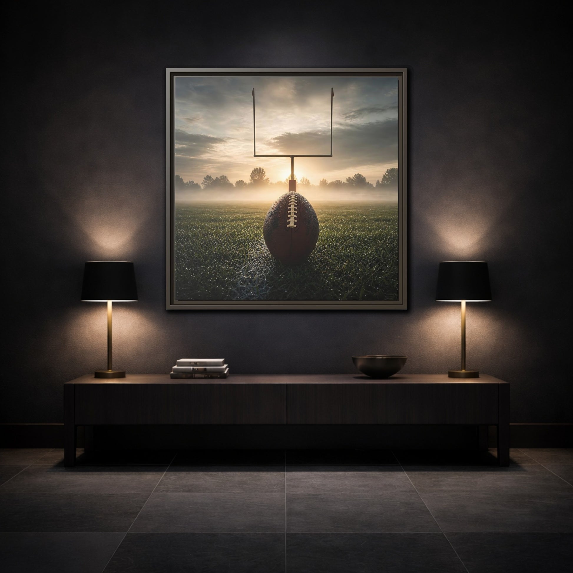 Mockup 3. Sunrise Football Kickoff shown as framed canvas print