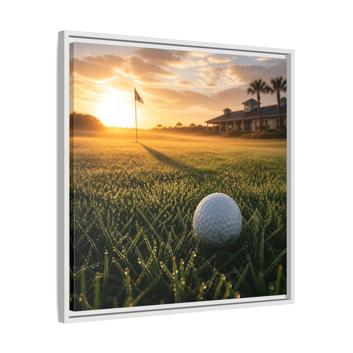 Side Mockup 26. Sunrise Golf Moment shown as framed canvas print