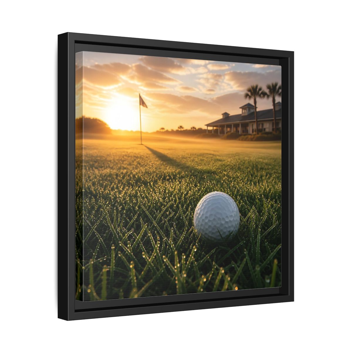 Side Mockup 32. Sunrise Golf Moment shown as framed canvas print