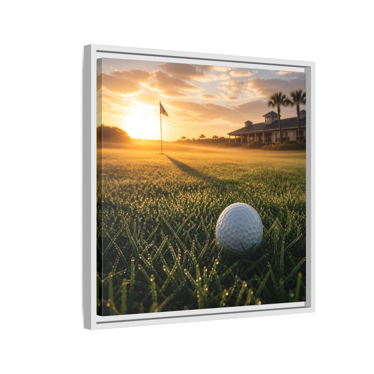 Side Mockup 10. Sunrise Golf Moment shown as framed canvas print