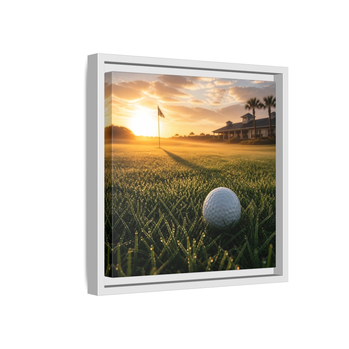 Side Mockup 16. Sunrise Golf Moment shown as framed canvas print
