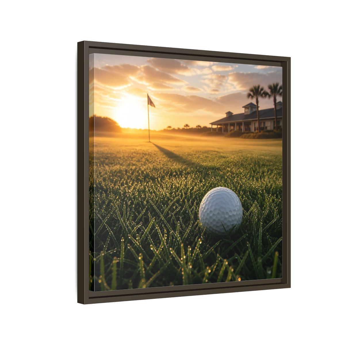 Side Mockup 11. Sunrise Golf Moment shown as framed canvas print