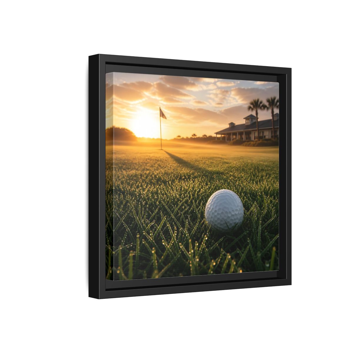 Side Mockup 18. Sunrise Golf Moment shown as framed canvas print