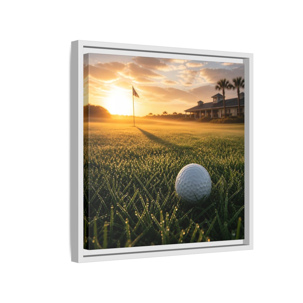 Side Mockup 13. Sunrise Golf Moment shown as framed canvas print
