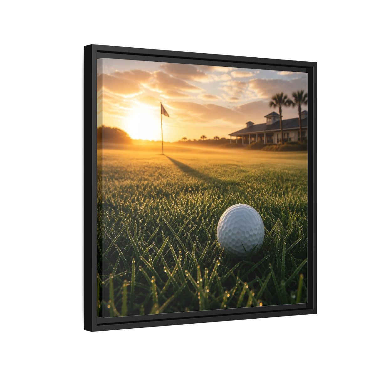 Side Mockup 12. Sunrise Golf Moment shown as framed canvas print