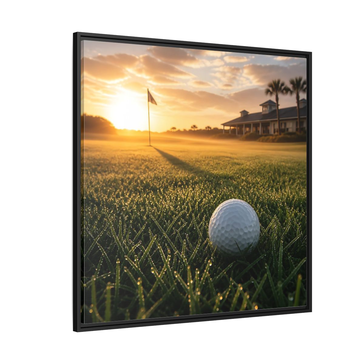 Side Mockup 6. Sunrise Golf Moment shown as framed canvas print