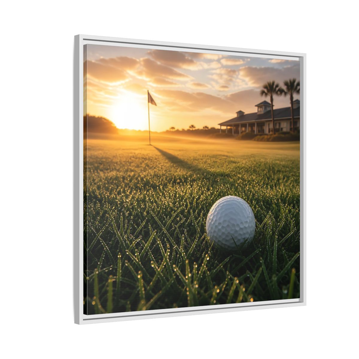 Side Mockup 7. Sunrise Golf Moment shown as framed canvas print
