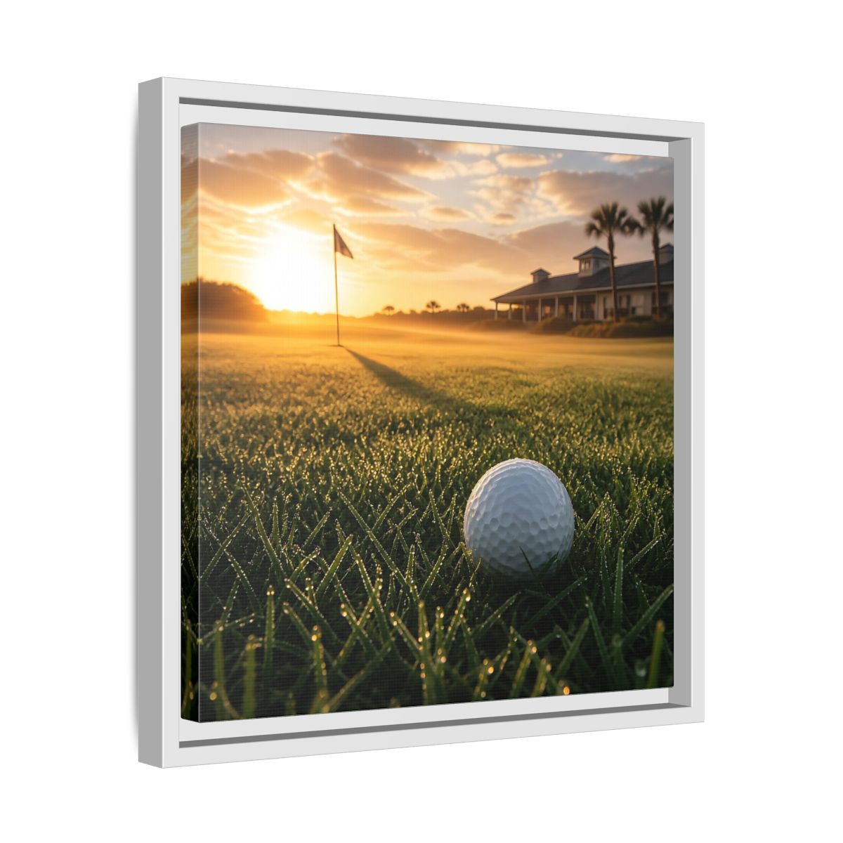 Side Mockup 28. Sunrise Golf Moment shown as framed canvas print