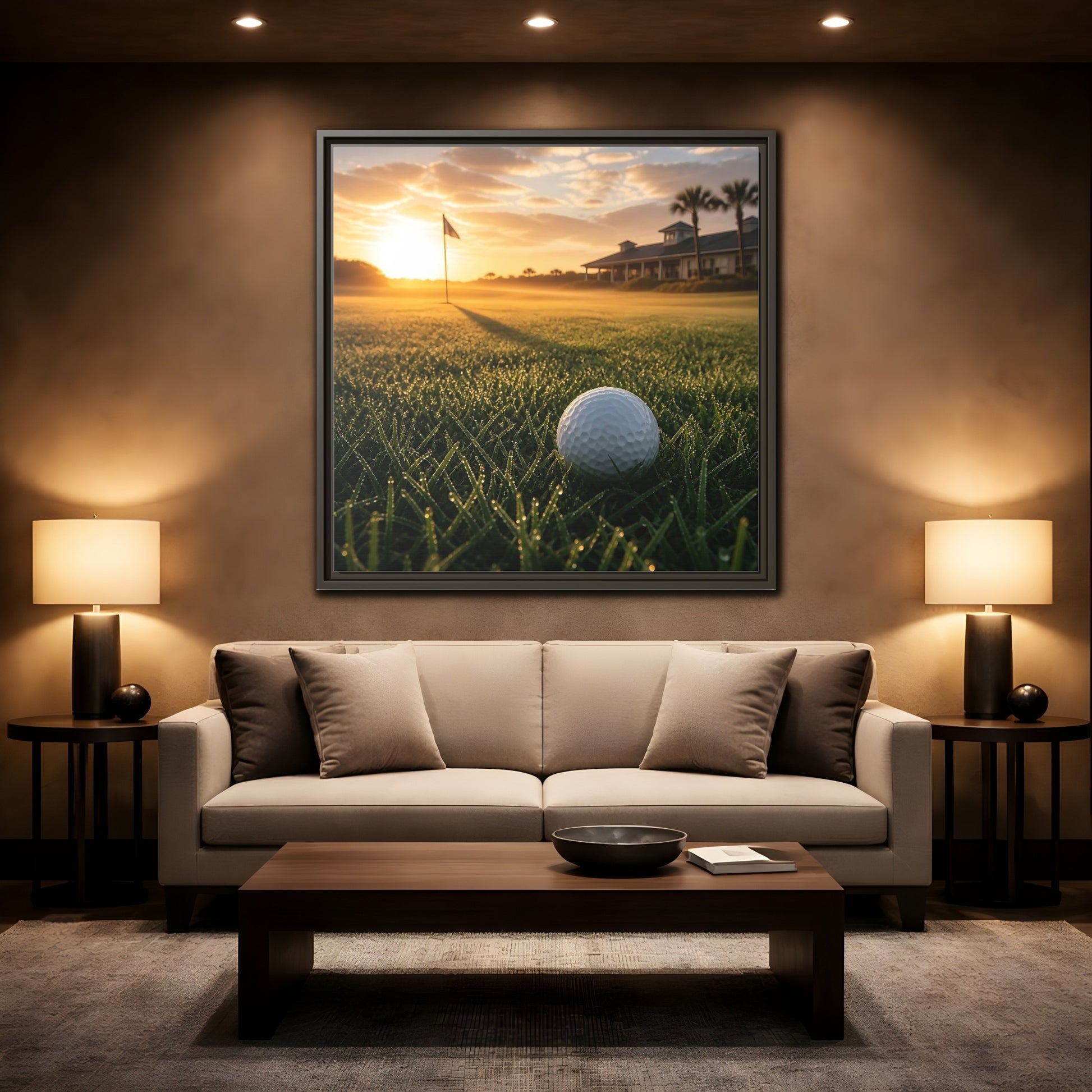 Mockup 2. Sunrise Golf Moment shown as framed canvas print