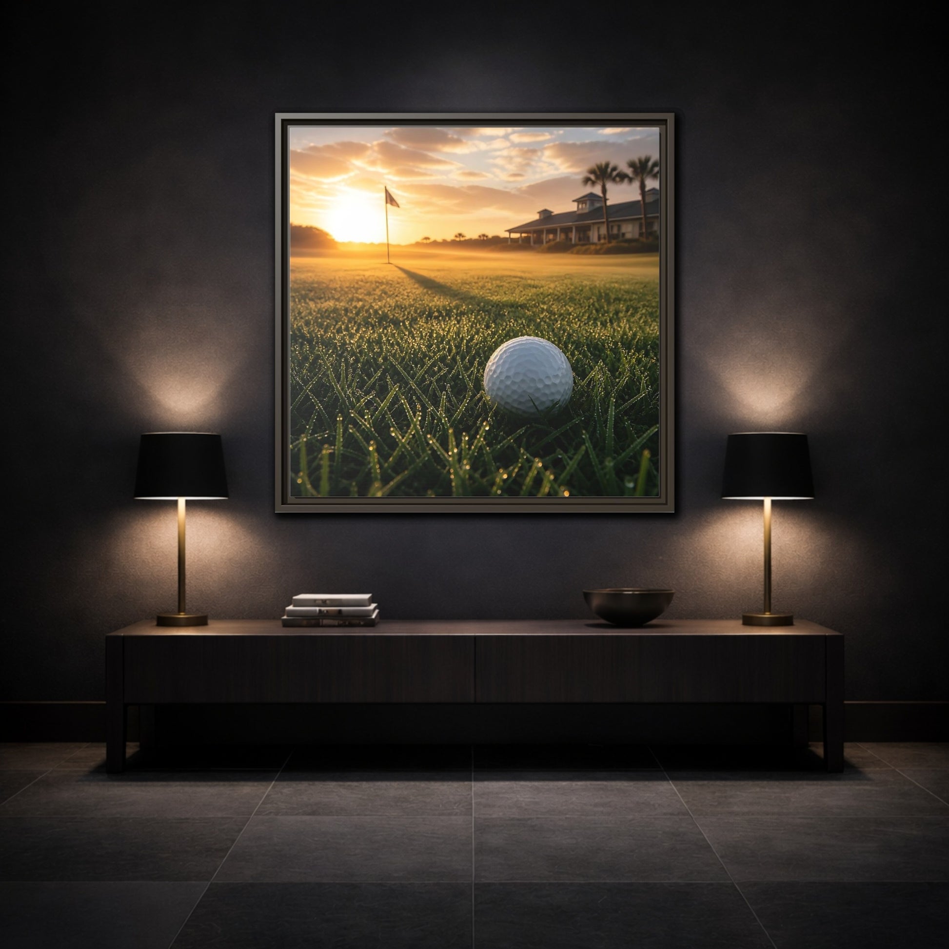 Mockup 3. Sunrise Golf Moment shown as framed canvas print