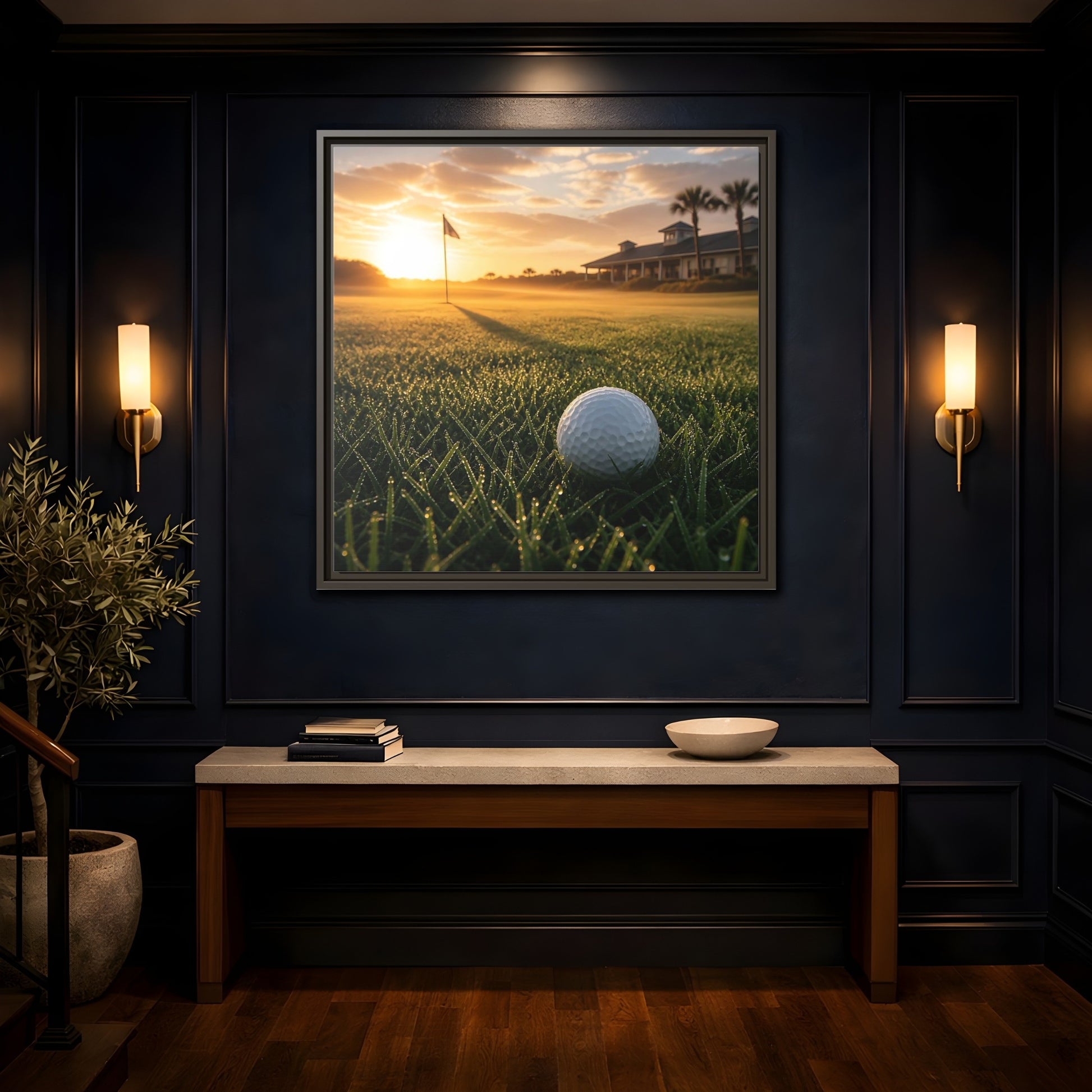 Mockup 4. Sunrise Golf Moment shown as framed canvas print