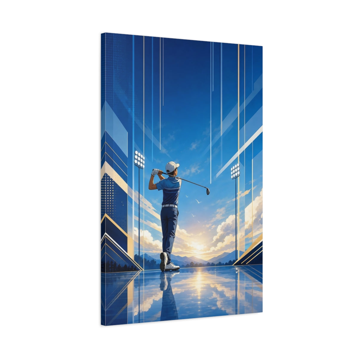 Main Mockup. Sunrise Golf Swing shown as canvas print