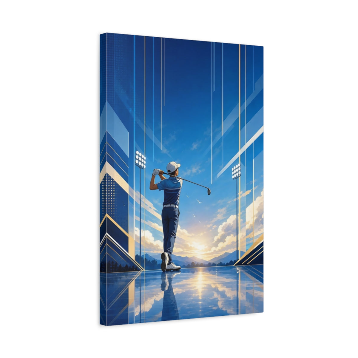 Side Mockup 3. Sunrise Golf Swing shown as canvas print