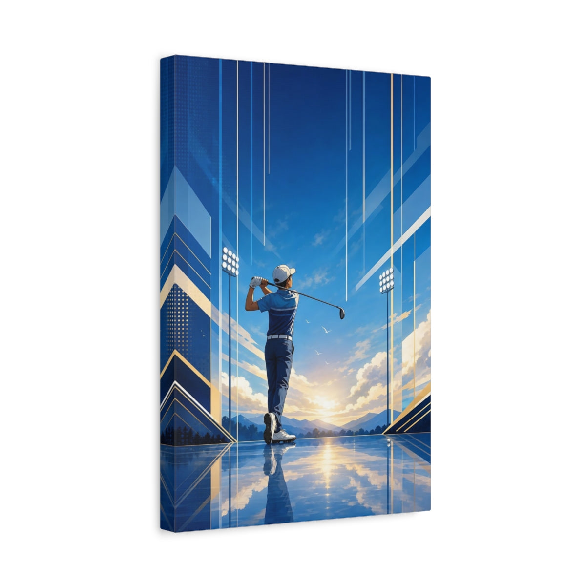 Side Mockup 4. Sunrise Golf Swing shown as canvas print